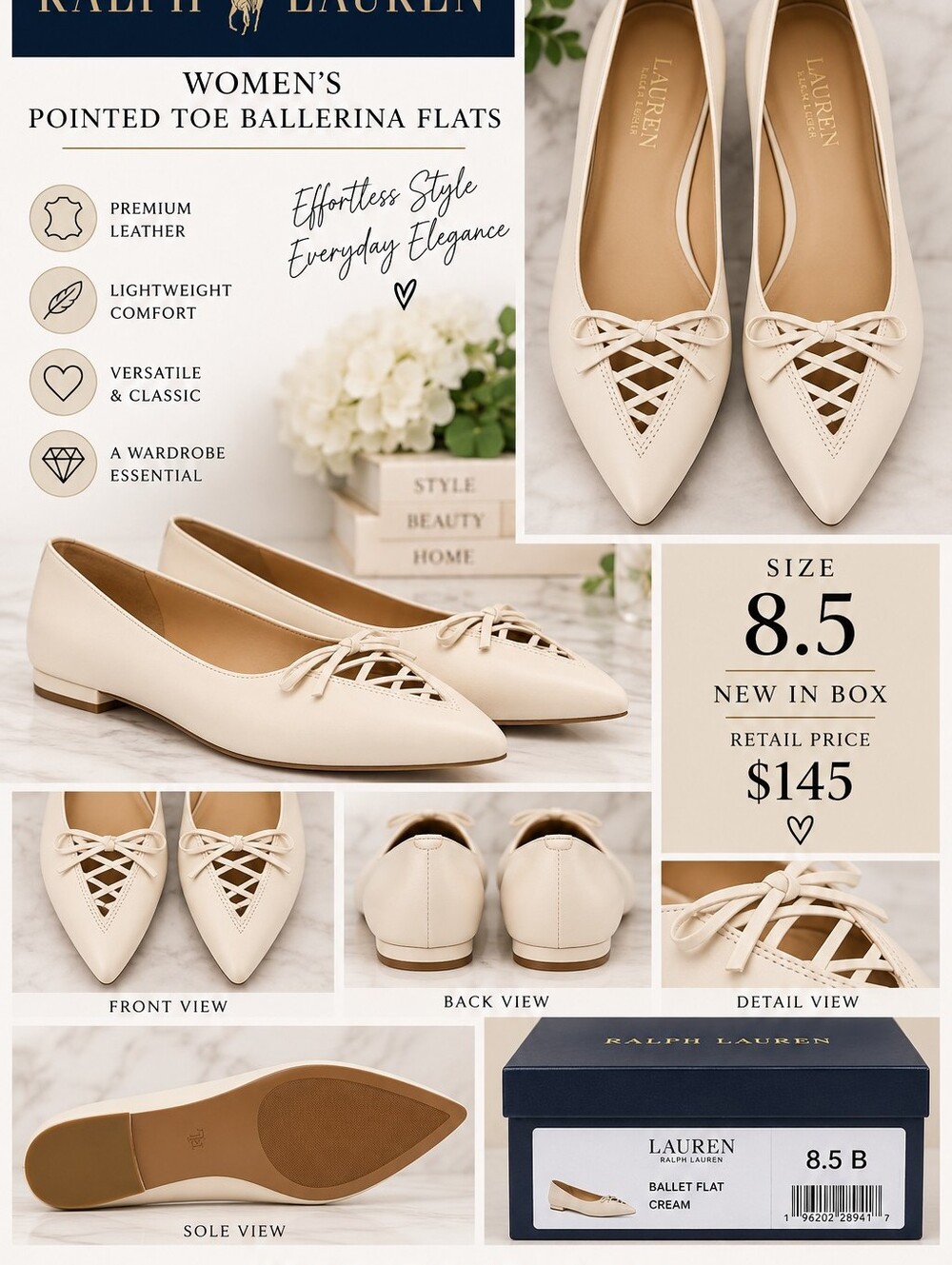 NIB Lauren Ralph Lauren Cream Pointed-Toe Ballet Flats with Lattice Bow